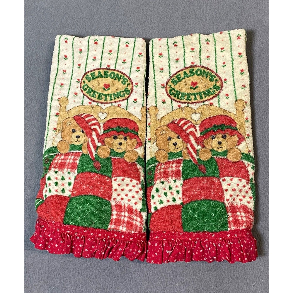 Vintage Cannon Holiday Christmas Teddy Bear Hand Towels lot of 2 ruffle hem